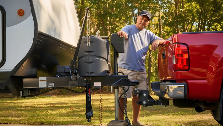 a man hitching a travel trailer to his pickup truck as he goes through his rv setup checklist